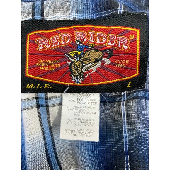 Red Rider Western Shirt Men's Size Large Blue White Plaid Cotton Blend - Picture 2 of 3